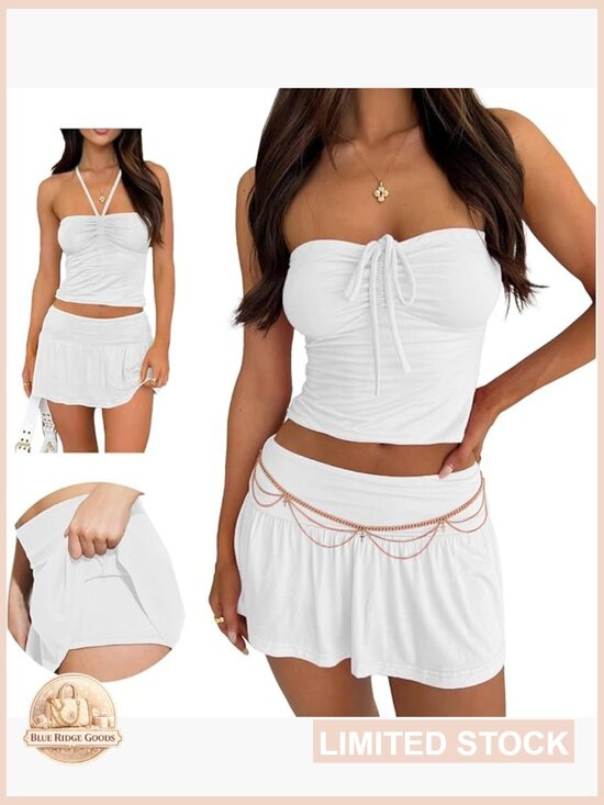 Dresses & Skirts - Y2K Two Piece Skirt Set Tie Ruched Tube Crop Top Low Rise Pleated Mini Skort